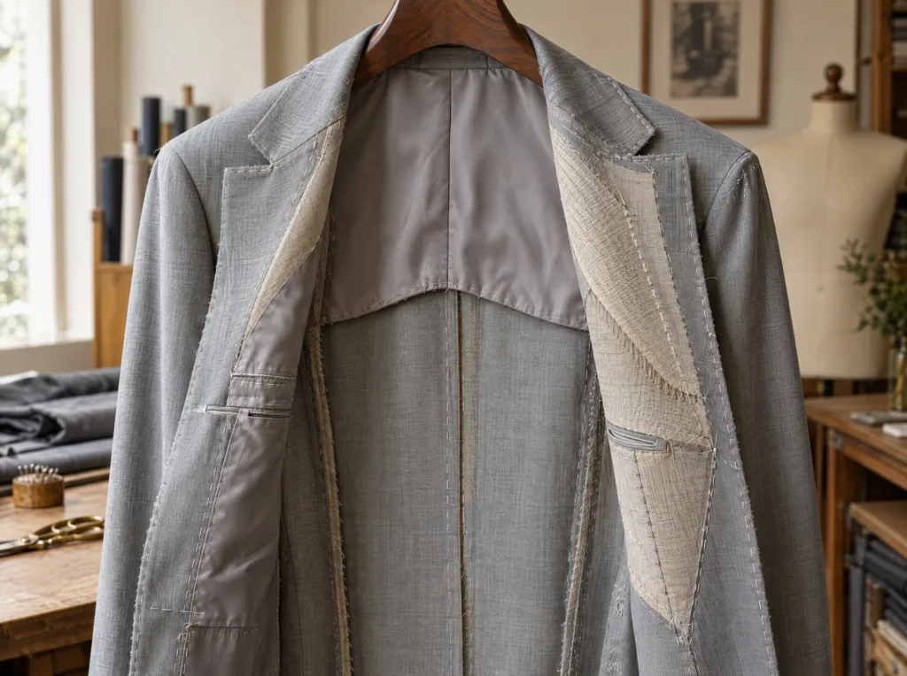 Inside of a half-lined lightweight bespoke jacket showing floating canvas, hand basting and breathable lining for hot weather