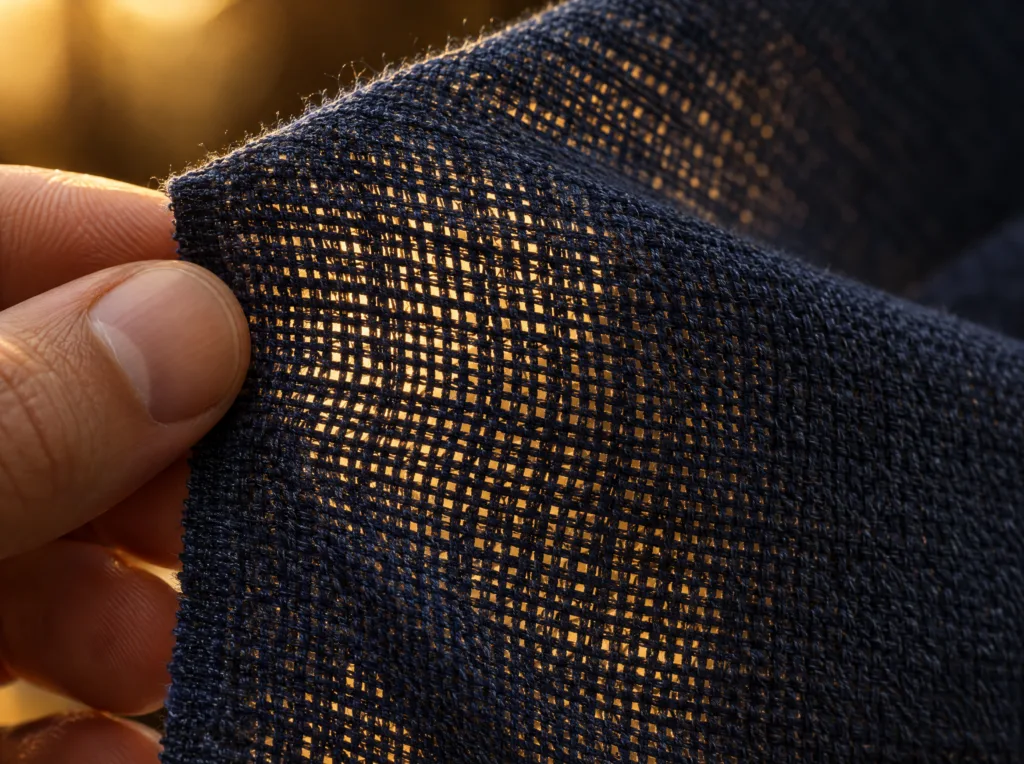 Close-up of navy high-twist fresco wool held against the light, showing the open weave that keeps a tropical suit cool