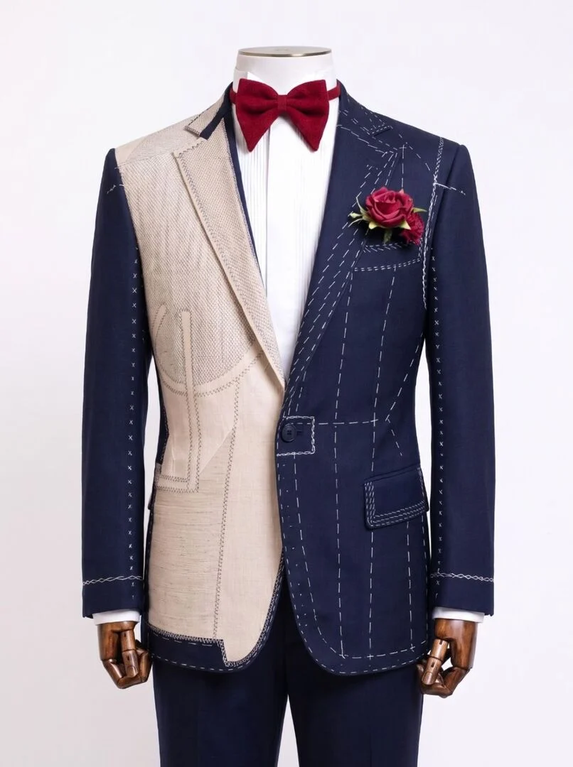 Half-finished Bespoke Handmade suit showing the canvas and hand basting stitches