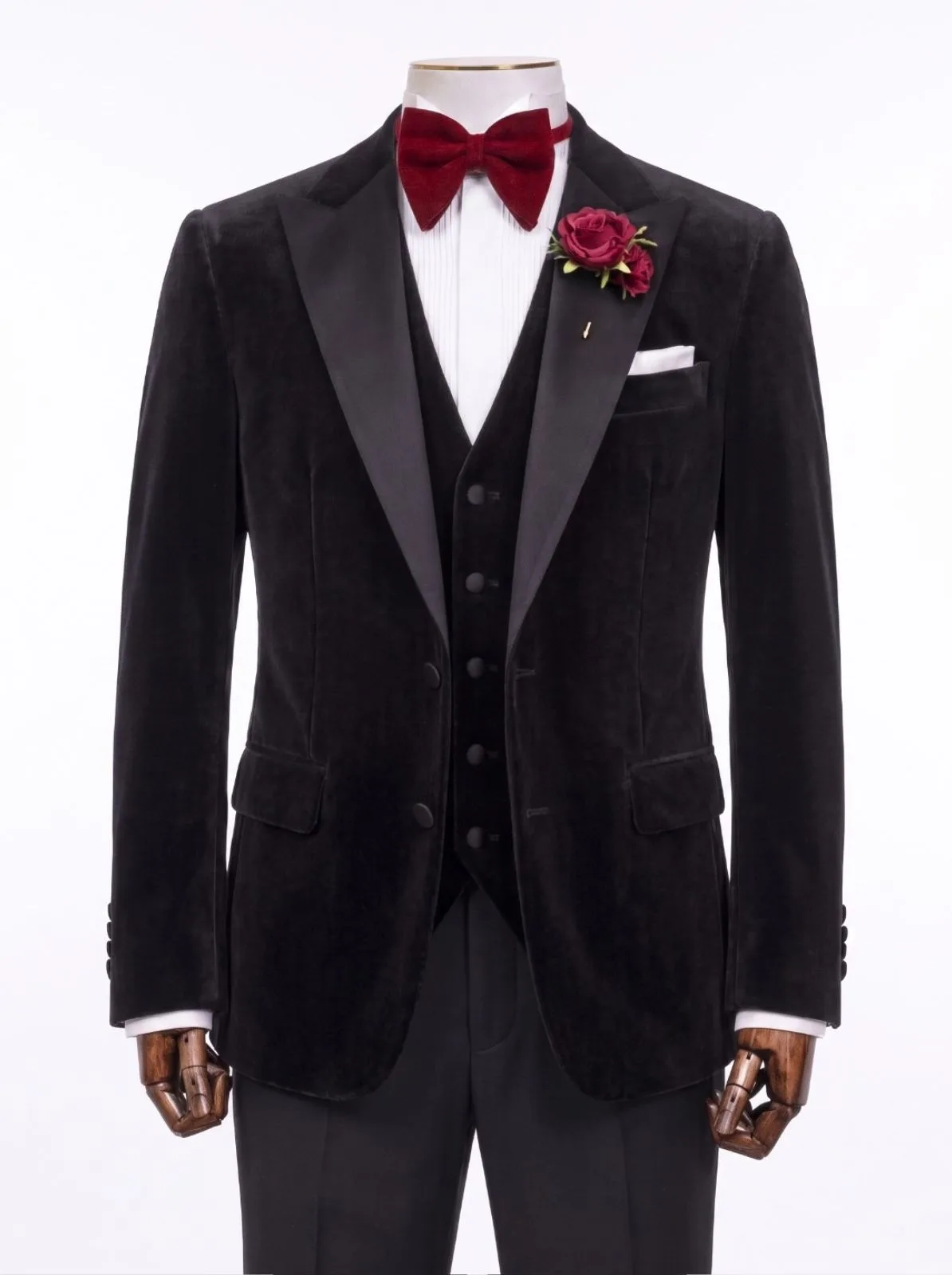 Custom three-piece black velvet tuxedo for black-tie events